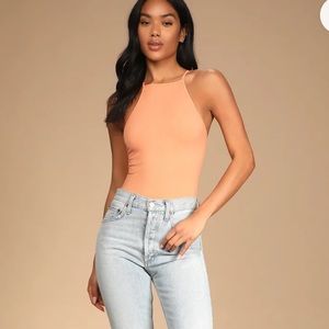 Free People Mmkay Peach Ribbed Seamless High-Neck Cami Top